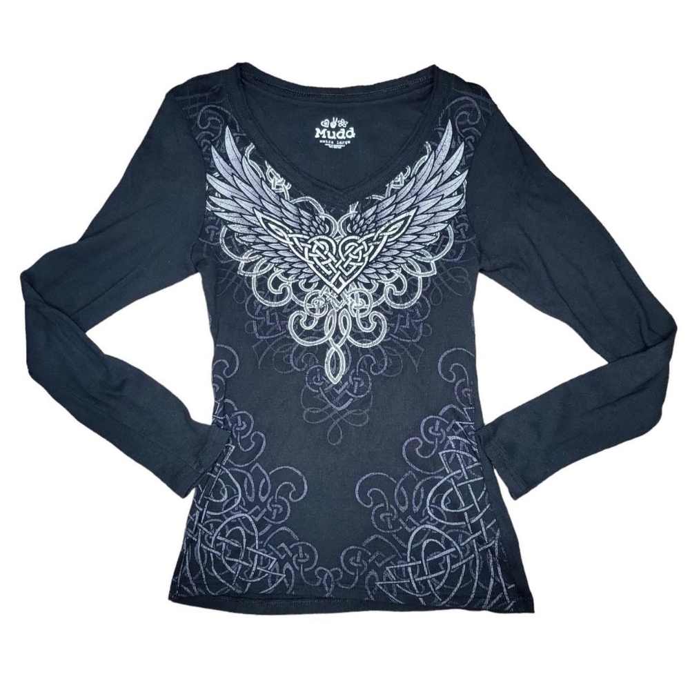Mudd cyber gothic ribbed angel long sleeve vneck shirt size xl black white heart